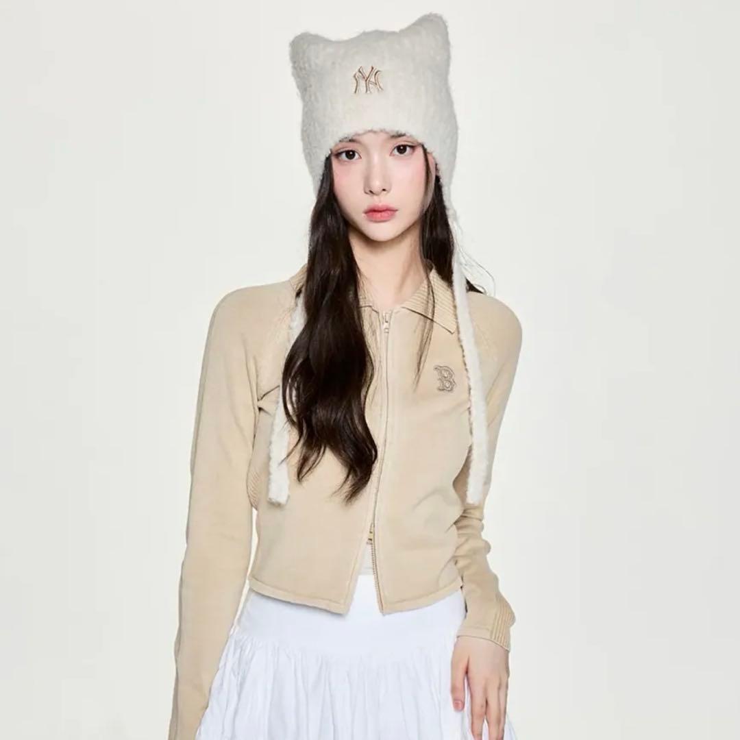 韓国限定 MLB カリナ 着用 猫耳 ミャオン ビーニー 紐付 ホワイト 白