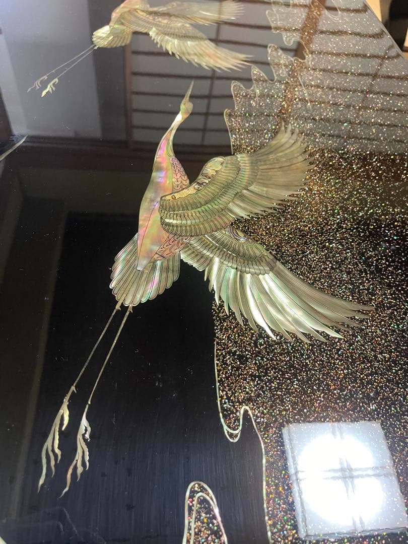 螺鈿細工 鶴 松 木製漆塗り 大型座卓 センターテーブル 黒　ビンテージ