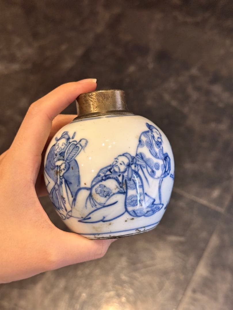 中国清代　人物染付茶葉缶　錫蓋　二重蓋　手描き　古美術　中国古陶磁　茶道具