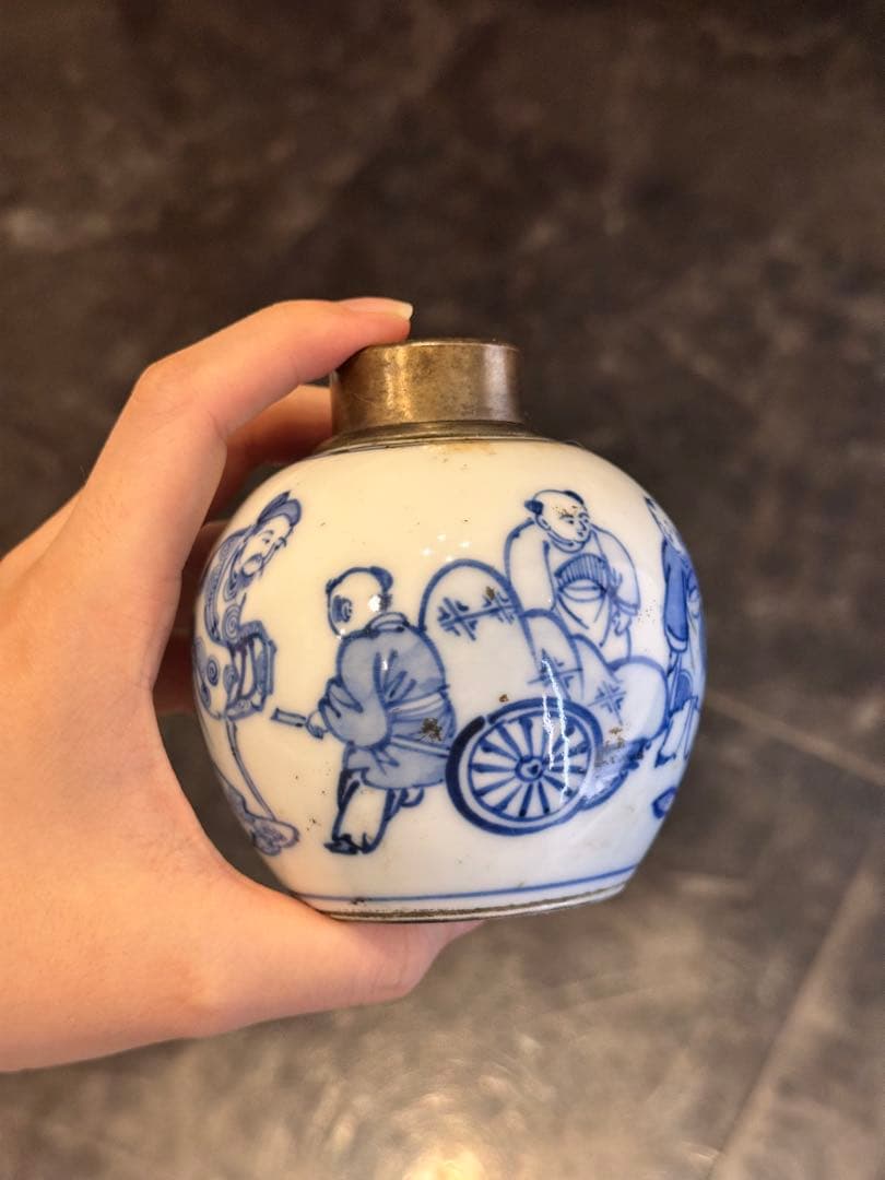 中国清代　人物染付茶葉缶　錫蓋　二重蓋　手描き　古美術　中国古陶磁　茶道具