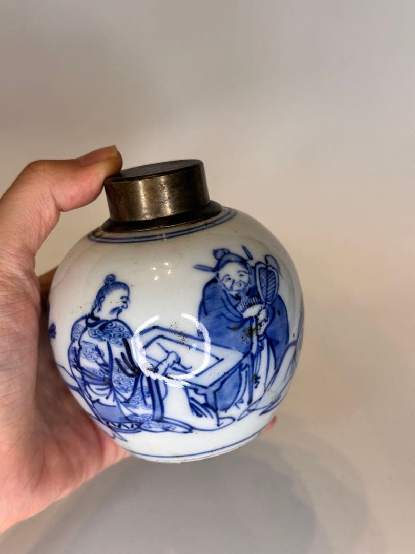 中国清代　人物染付茶葉缶　錫蓋　二重蓋　手描き　古美術　中国古陶磁　茶道具