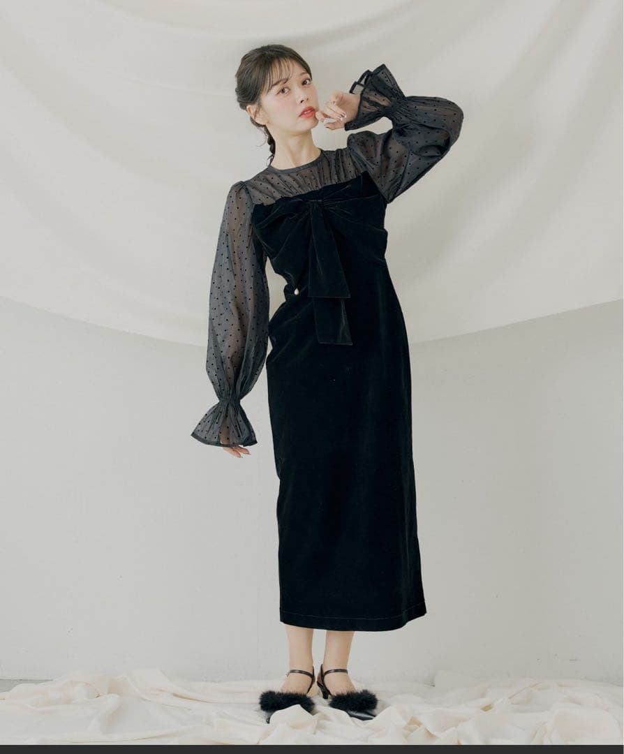 chico 配色シアーリボンベロアワンピース/オケージョン