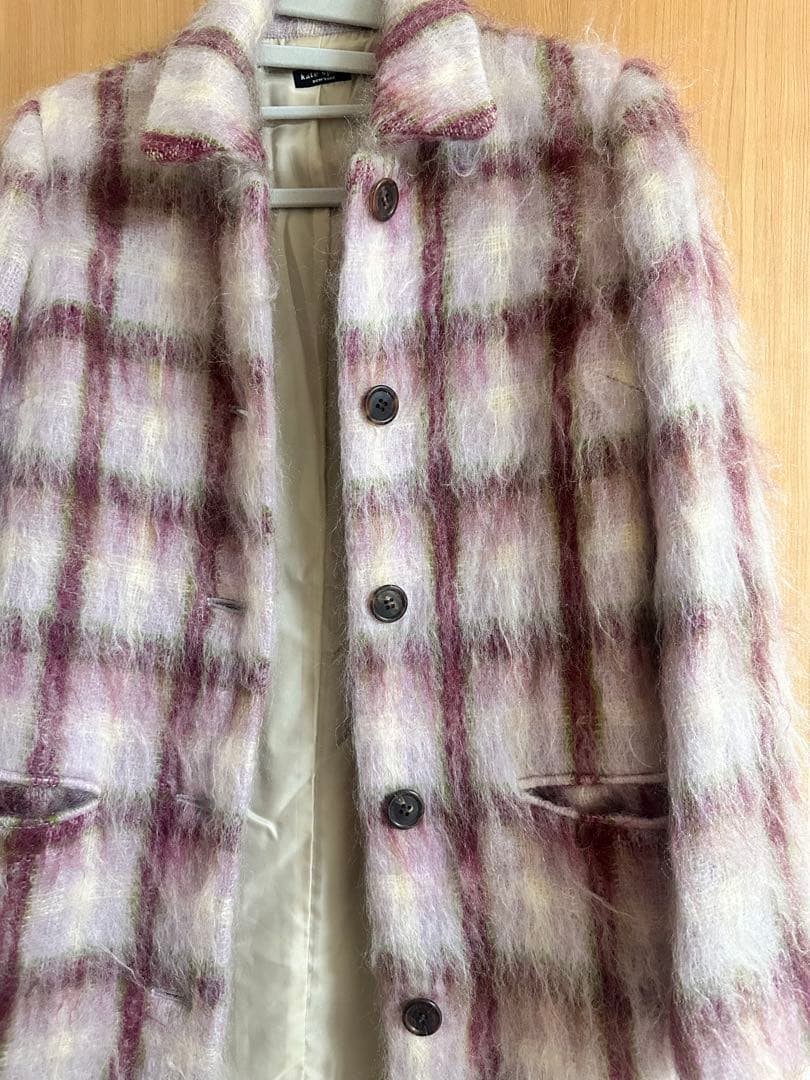 kate spade パープル系チェック柄 モヘア　シャギーコート