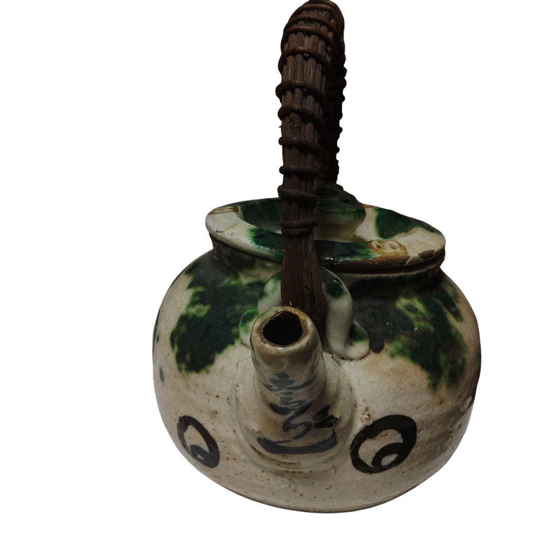 越後豊栄　太丘焼　織部釉土瓶　太丘銘　茶道