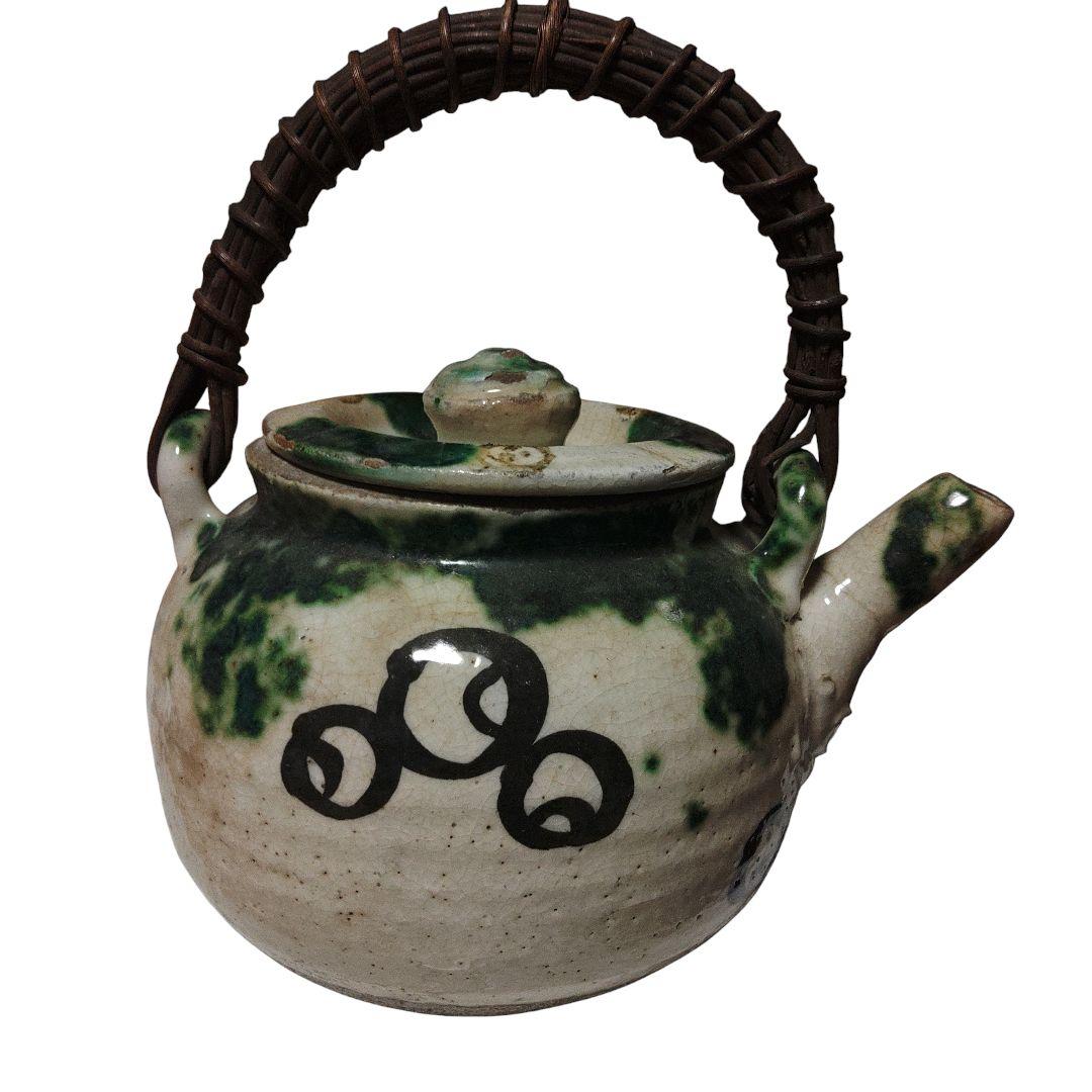 越後豊栄　太丘焼　織部釉土瓶　太丘銘　茶道