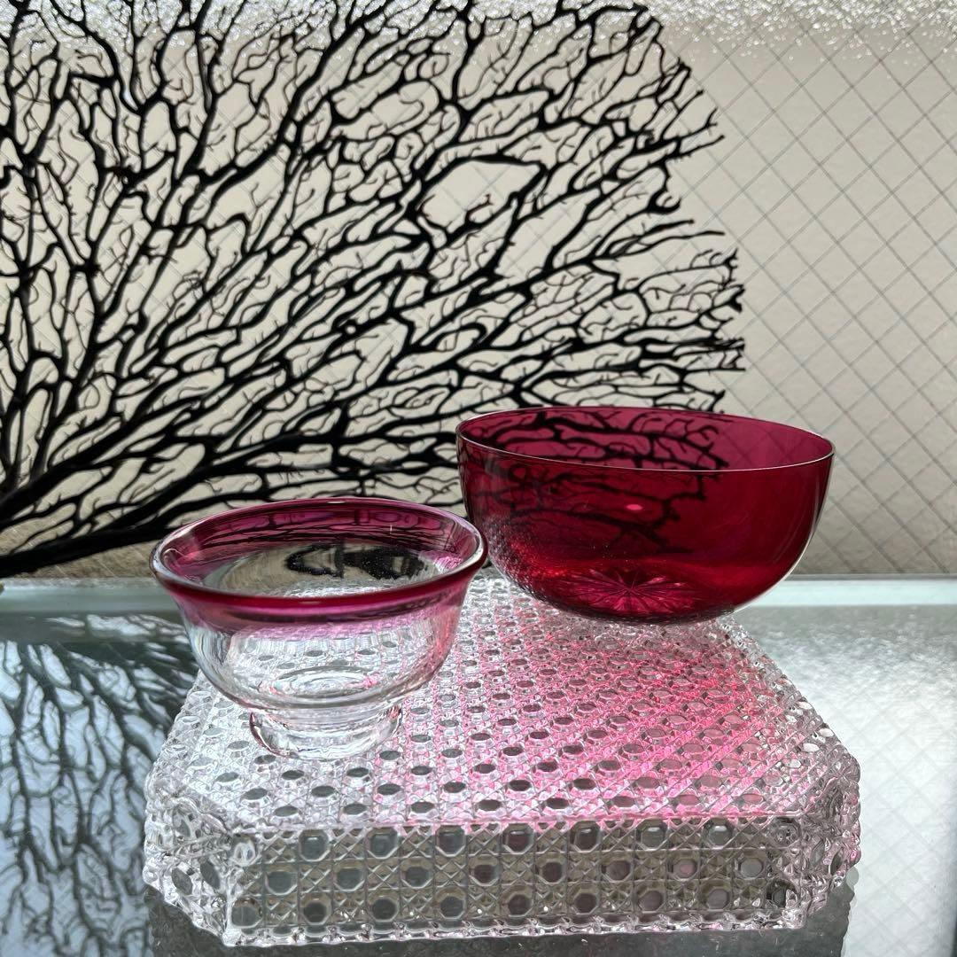 骨董　時代ガラス　金赤フチ　希少　桃色リップ　反り口　碗型　豆鉢　小鉢　氷鉢１客