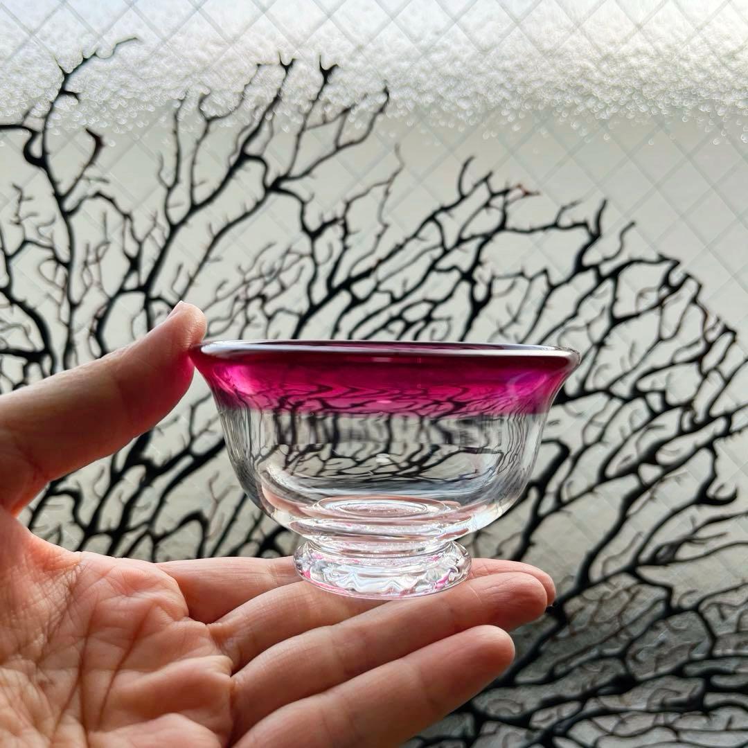 骨董　時代ガラス　金赤フチ　希少　桃色リップ　反り口　碗型　豆鉢　小鉢　氷鉢１客