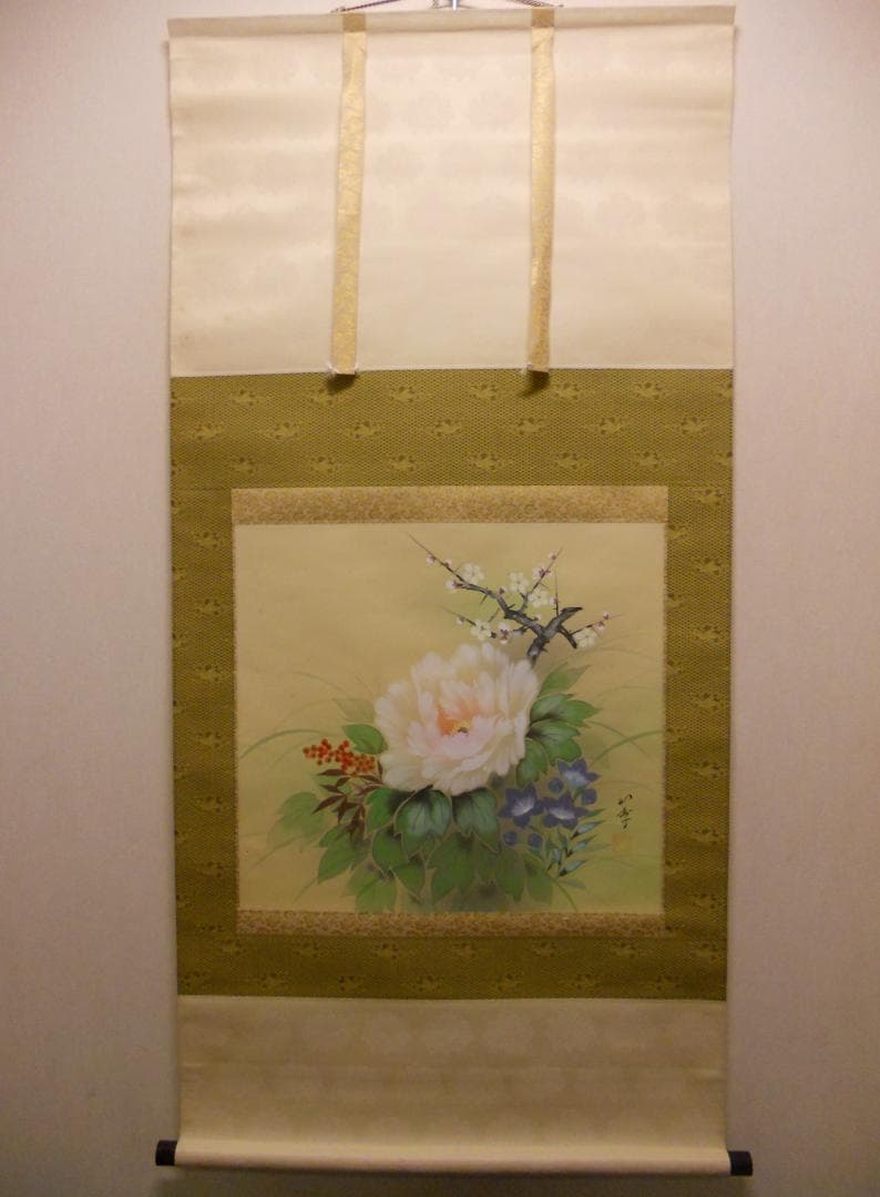 掛け軸 如学 四季花 中島清堂 識箱 絹本 希少 軸装 茶道具 掛軸 美品 です