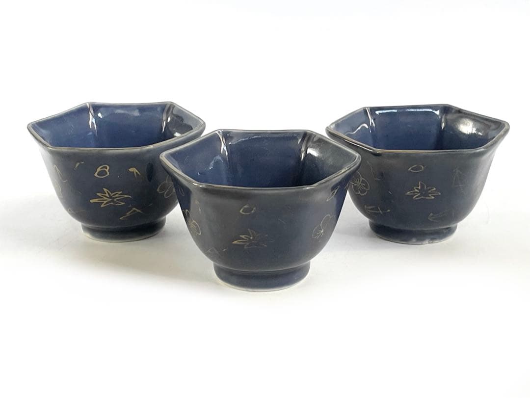 骨董　アンティーク　古伊万里　瑠璃金彩　六角　猪口　盃　小鉢　松竹梅　瑠璃釉