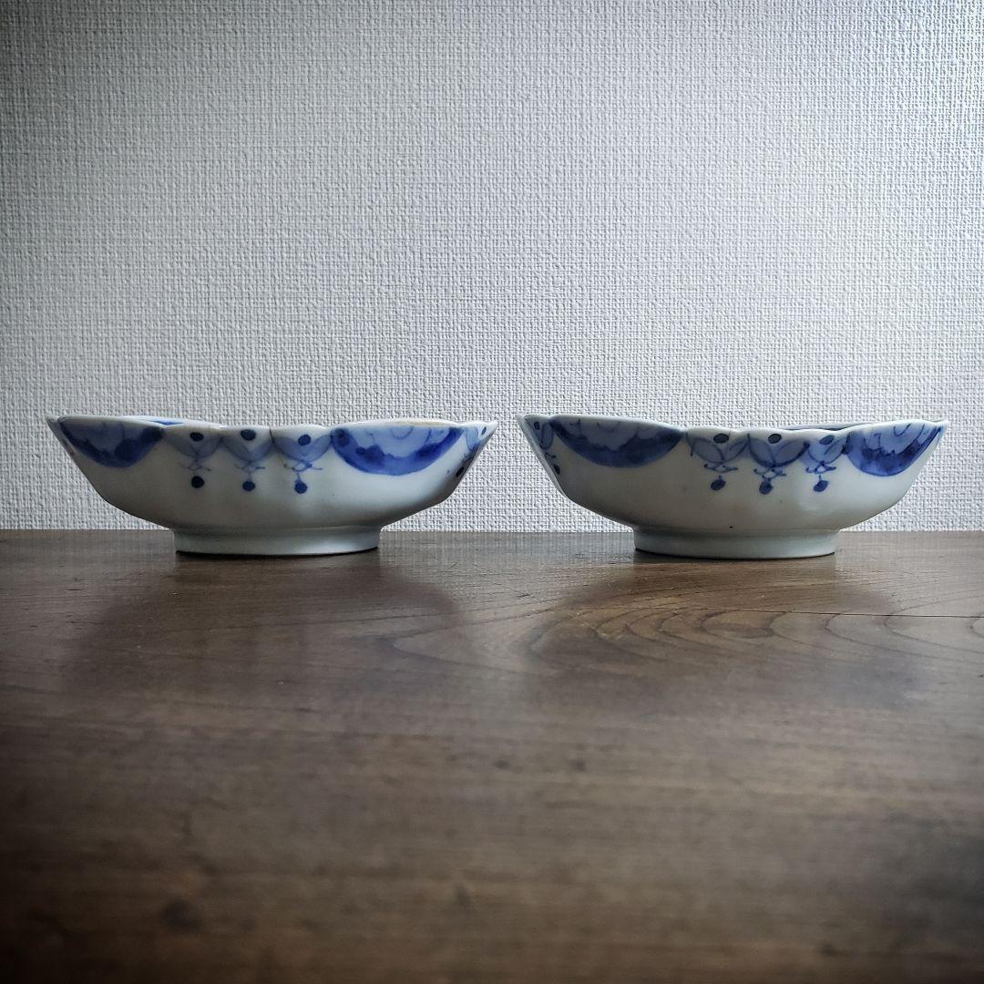 変形皿　舟形　染付　2客　銘　古伊万里　明治　変わり図柄　芙蓉手