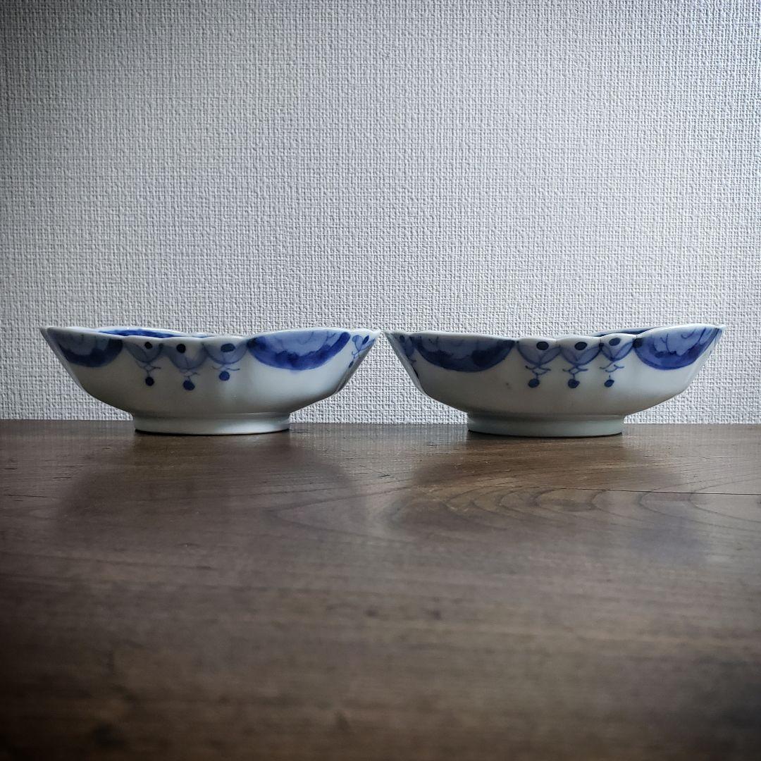 変形皿　舟形　染付　2客　銘　古伊万里　明治　変わり図柄　芙蓉手