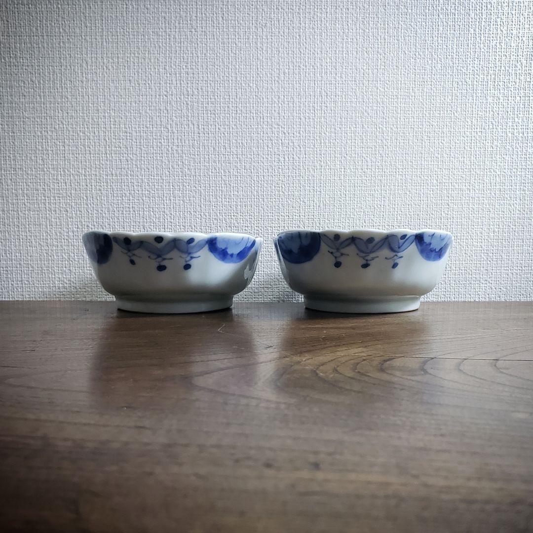 変形皿　舟形　染付　2客　銘　古伊万里　明治　変わり図柄　芙蓉手