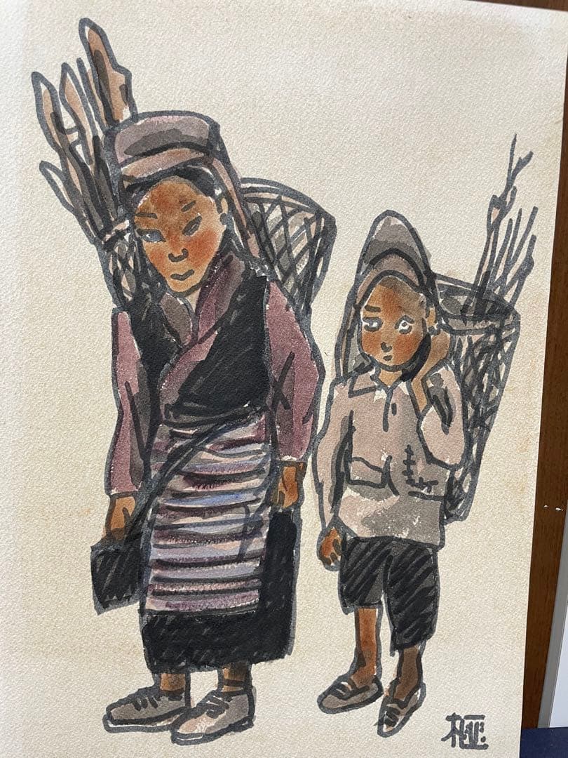 熊谷榧『たき木取りの姉弟』紙＋水彩画 原画 作品寸法約F5 1点もの 真作保証