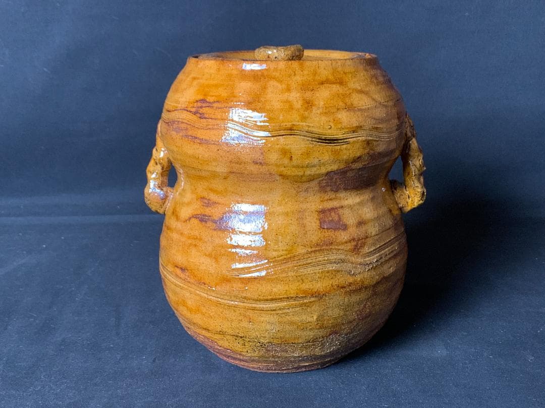 大樋長楽造 飴釉 耳付 瓢形 水指 茶道具 共箱 大樋焼 704