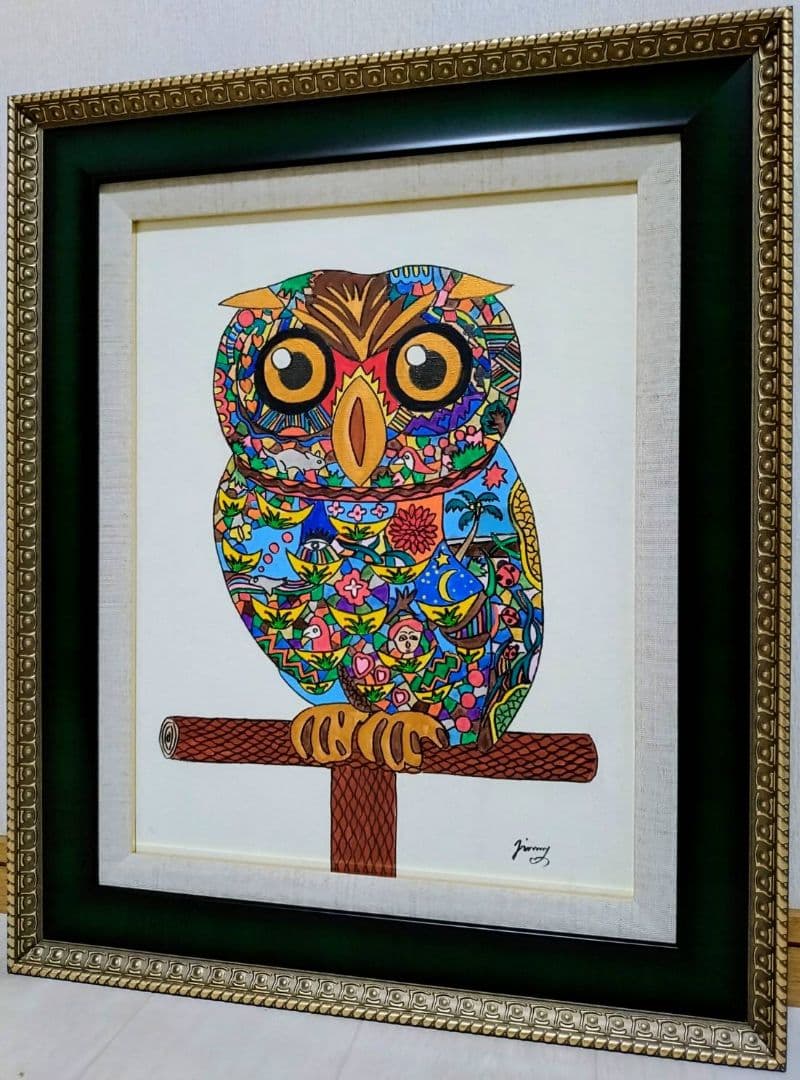 【F6号】ジミー大西【森フクロウ】手描き/表裏サイン/油彩/アクリル/絵画/額縁