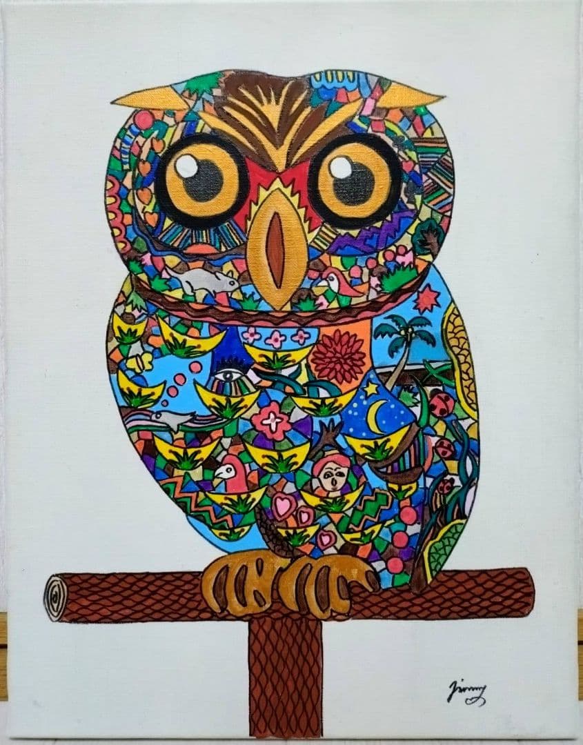 【F6号】ジミー大西【森フクロウ】手描き/表裏サイン/油彩/アクリル/絵画/額縁