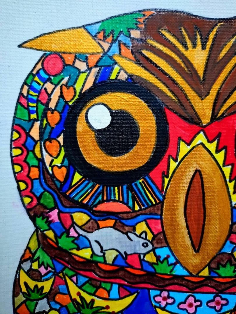 【F6号】ジミー大西【森フクロウ】手描き/表裏サイン/油彩/アクリル/絵画/額縁