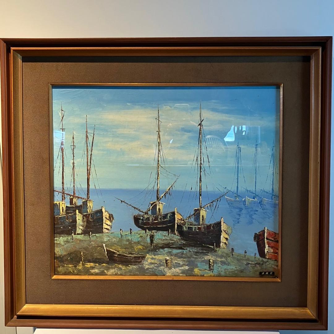 輸入品 絵画 油絵 august作 港 port 風景画 64×71.5 大