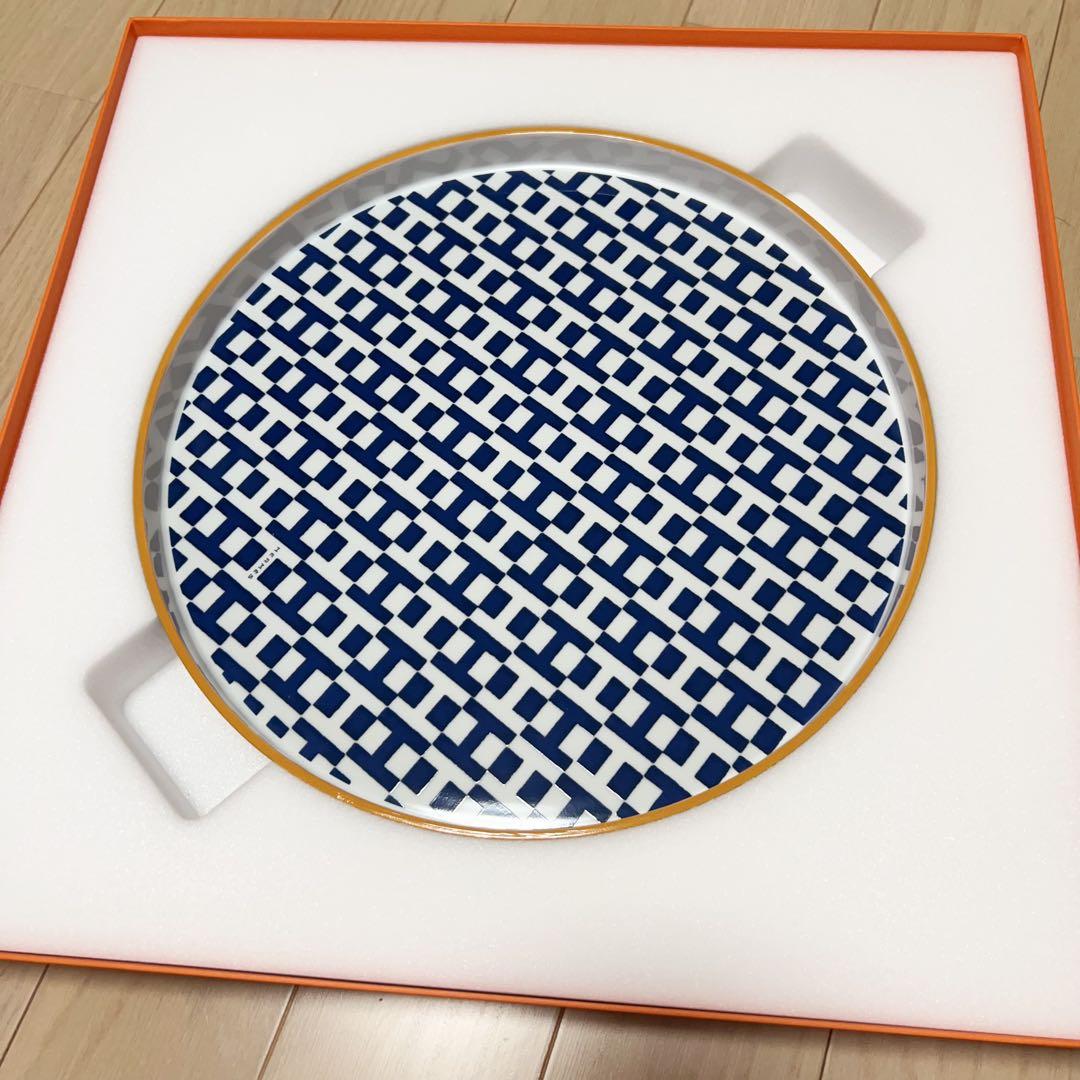 入手困難エルメスサイドテーブル組み立て式ブルー/ホワイト陶器/ウッドトロトゥーズ