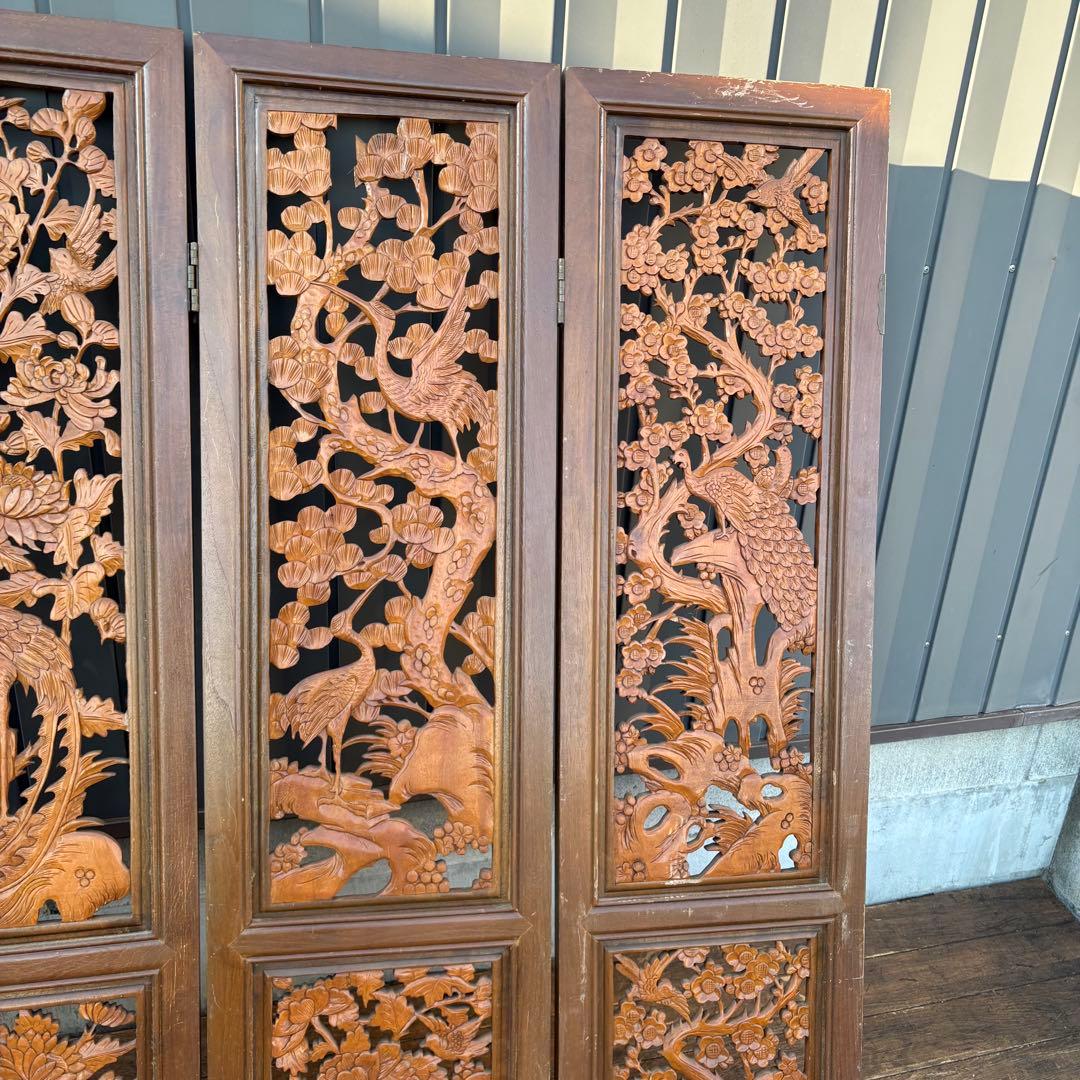 アンティーク 衝立 四面 透かし彫り パーテーション 木彫り 鶴 松 竹 花 鳥