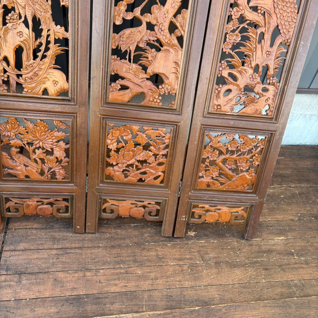 アンティーク 衝立 四面 透かし彫り パーテーション 木彫り 鶴 松 竹 花 鳥