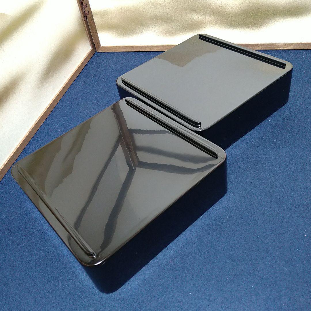 AG56 輪島塗二段重 家紋丸に柏 木製黒漆塗 内側朱漆塗 未使用 重箱お弁当箱