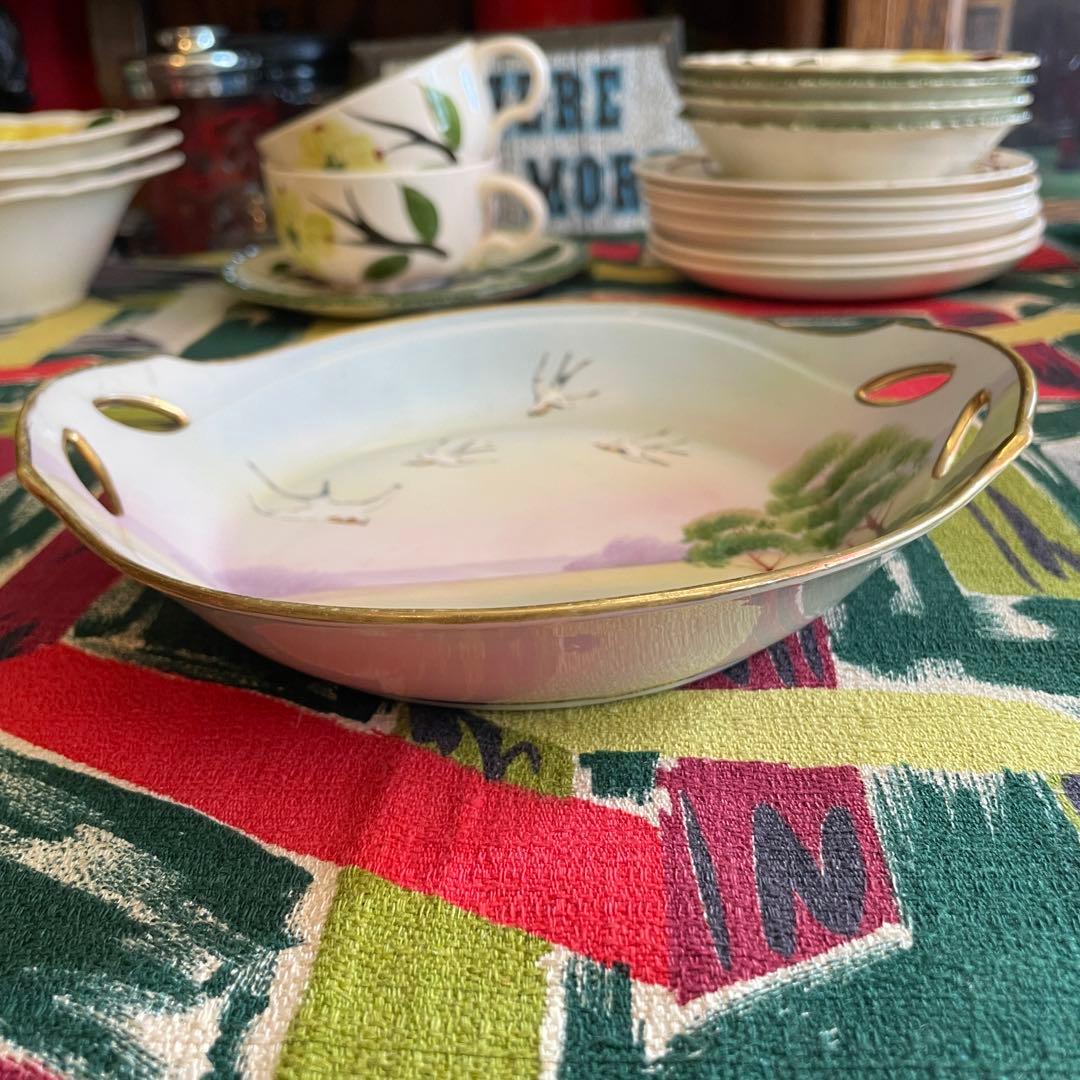 貴重品！オールドノリタケ　ハンドペイント燕と風景画アンティーク食器/明治大正時代