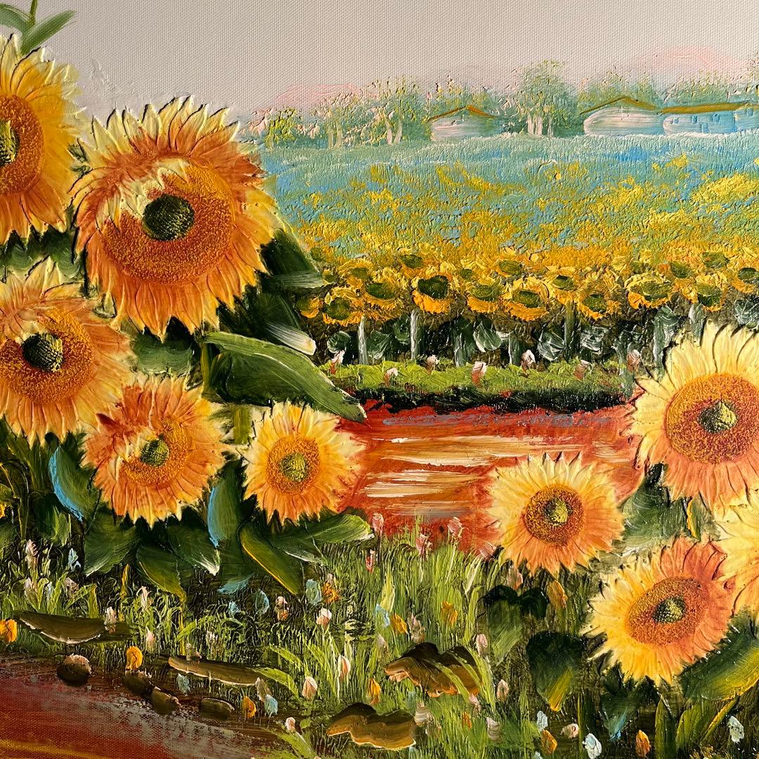 ★特大秀作★ 手書き油絵 ひまわり畑 肉筆絵画 額付き インテリア 油彩画