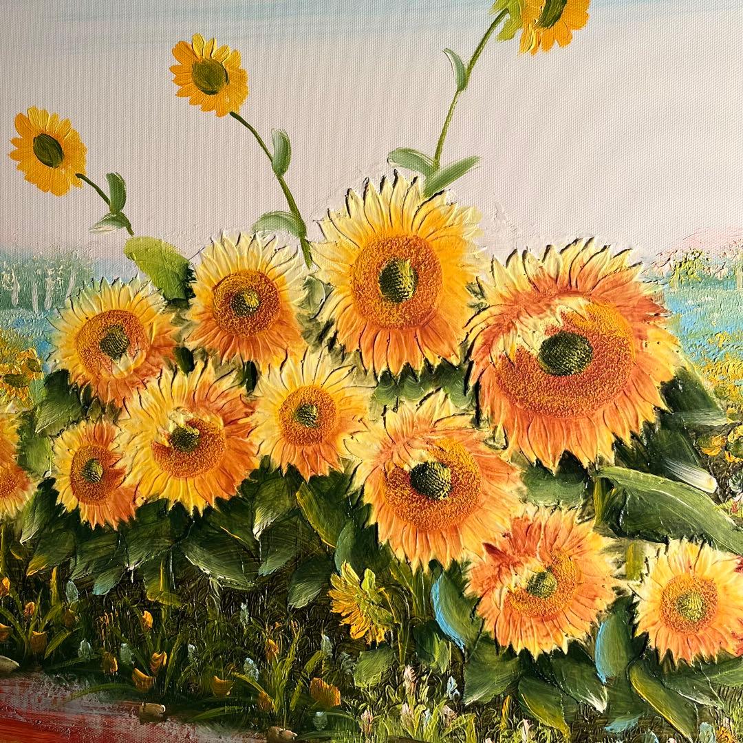 ★特大秀作★ 手書き油絵 ひまわり畑 肉筆絵画 額付き インテリア 油彩画