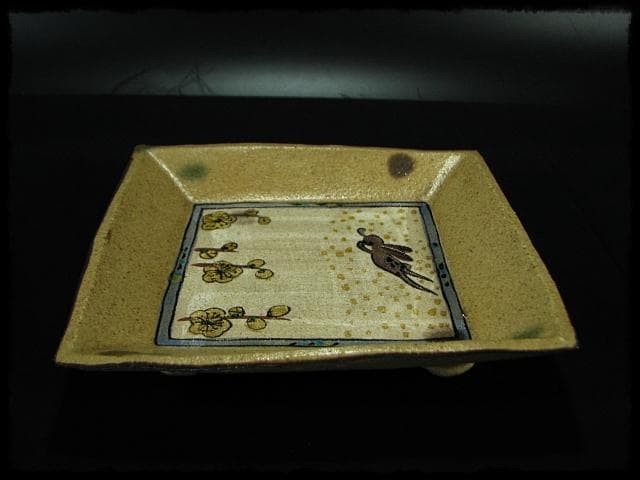 益子焼 杉本浩太郎 色絵 兎紋 角皿 茶道具  d139