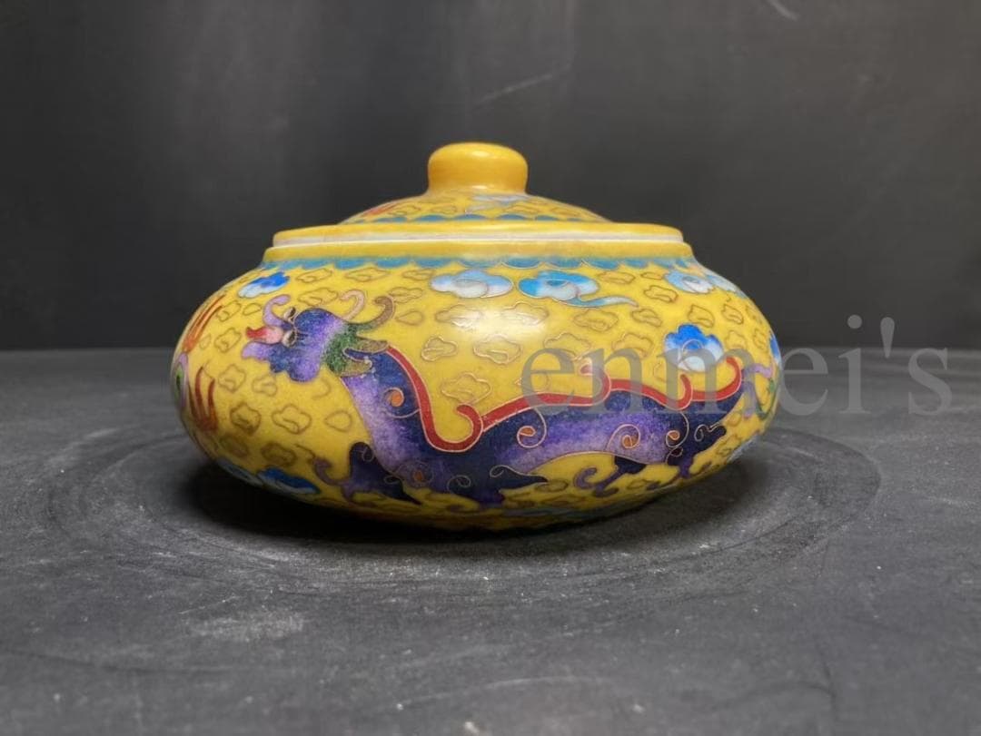 中国古美術・大明成化年製款・掐絲琺瑯龍雲文囲碁罐・蓋付飾壺・陶器・文房置物・風水