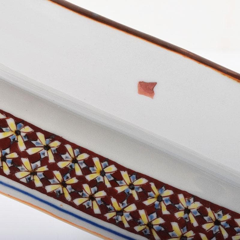 九谷焼　武腰潤作　色絵夏蟹更紗文　四方台皿　共布共箱　Y　R8415B