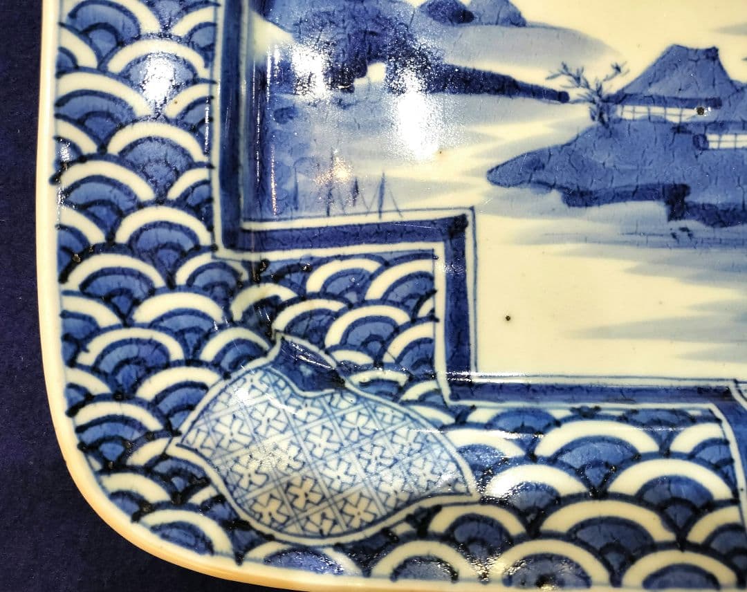 お値下げしました、古伊万里　染付　波千鳥　角皿