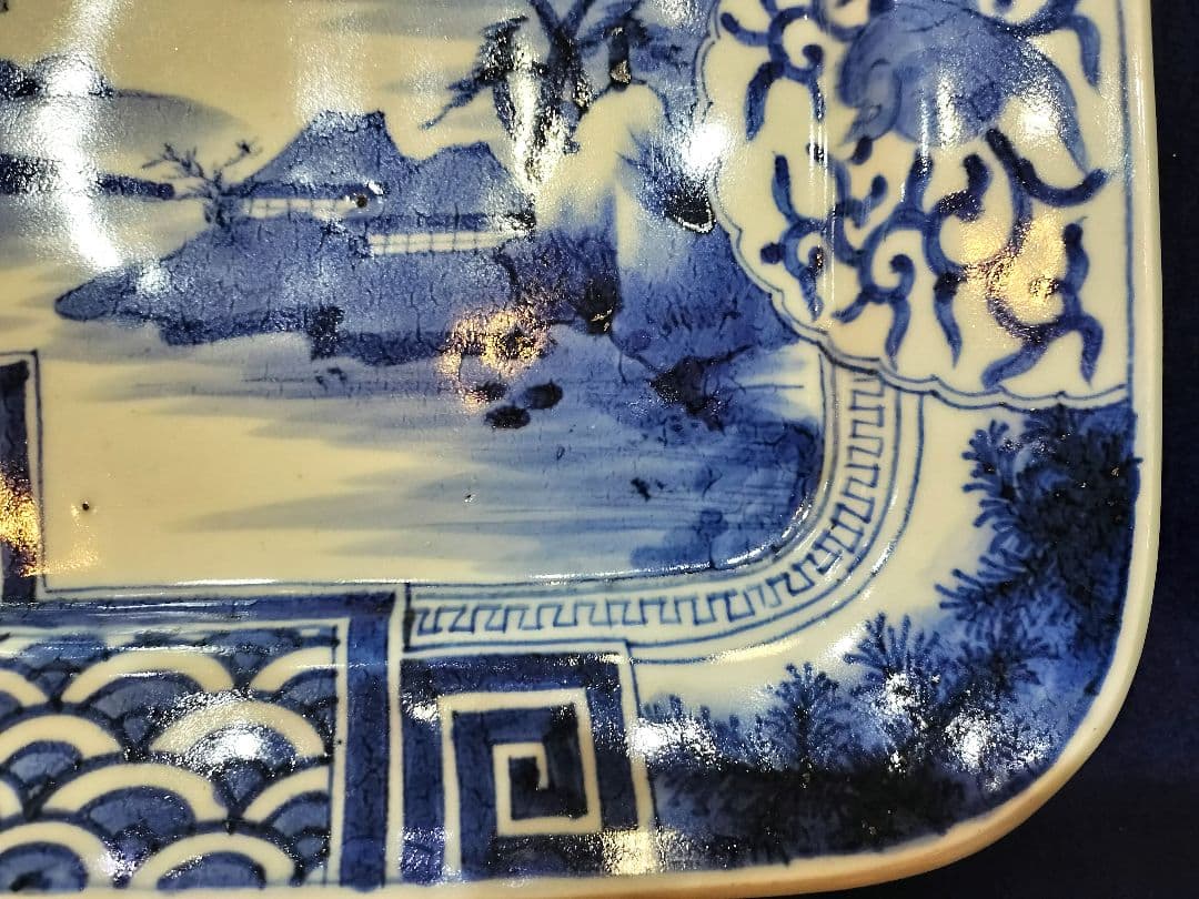 お値下げしました、古伊万里　染付　波千鳥　角皿
