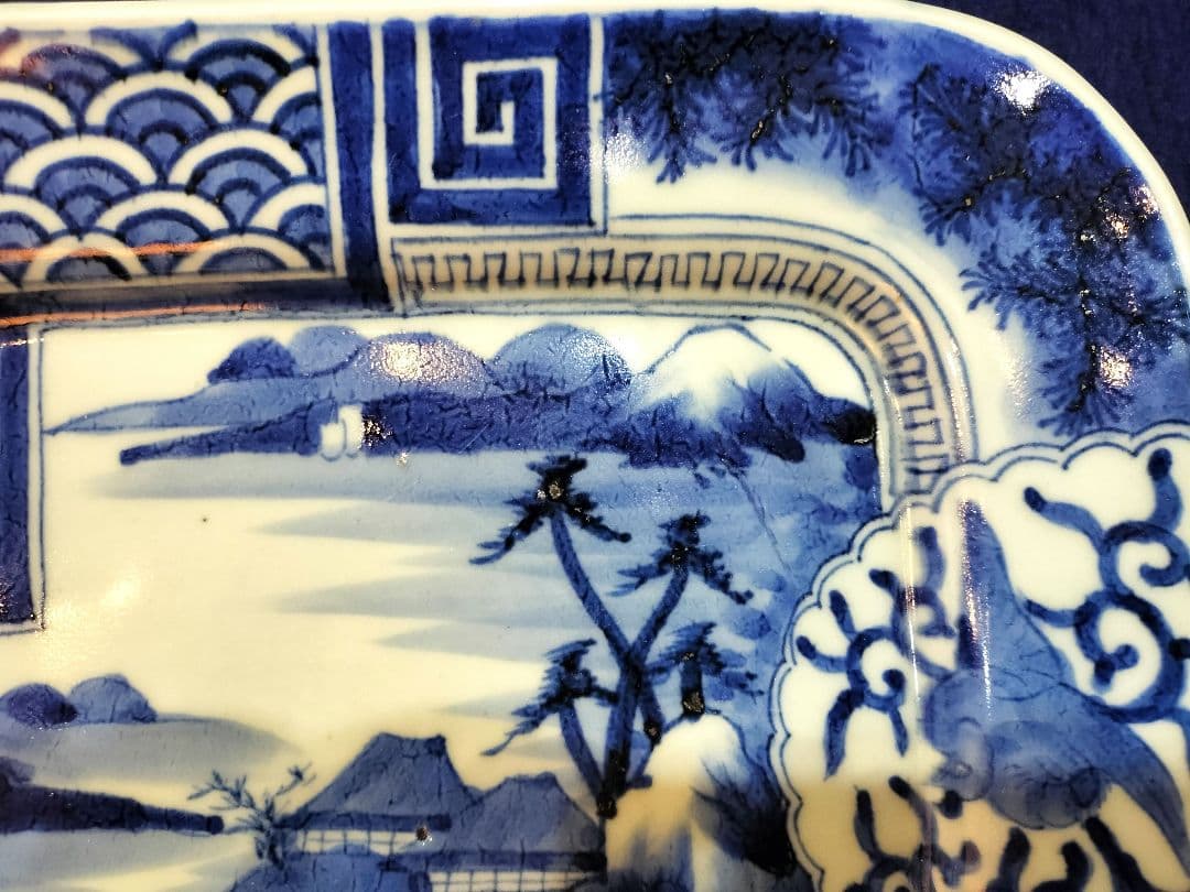 お値下げしました、古伊万里　染付　波千鳥　角皿