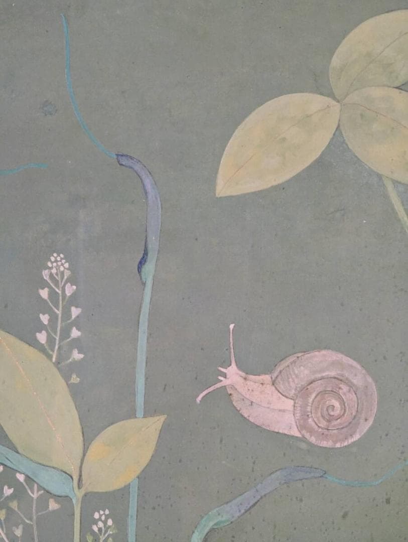 【真作】絵画　岩城千枝　日本画4号　みんなともだち　静かな草原の情景　V96