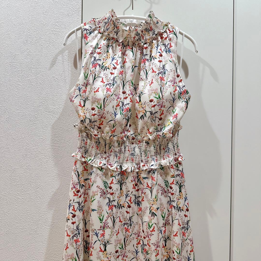 ERUKEI ハイネックフリル フラワープリント Aラインロングドレス