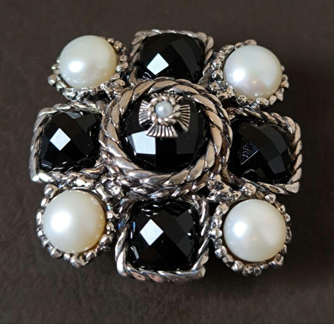碌山 ロクザン ヴィンテージ オニキス パール シルバーブローチ 925