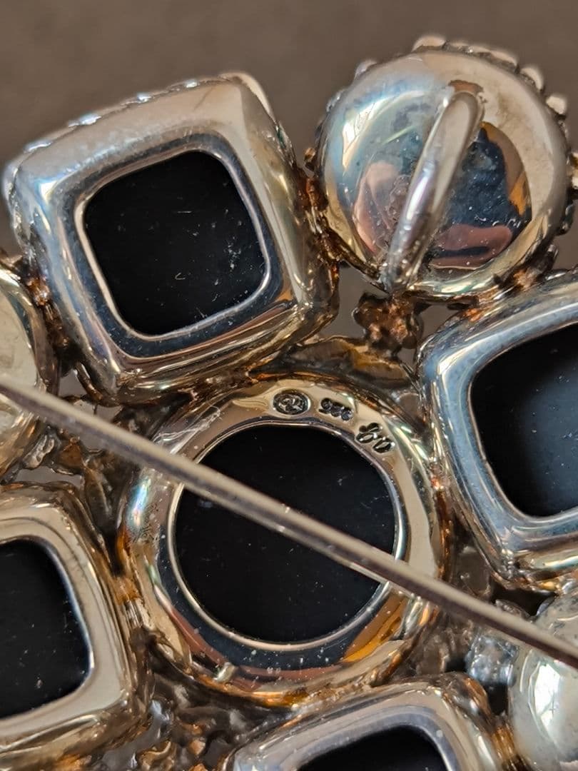 碌山 ロクザン ヴィンテージ オニキス パール シルバーブローチ 925