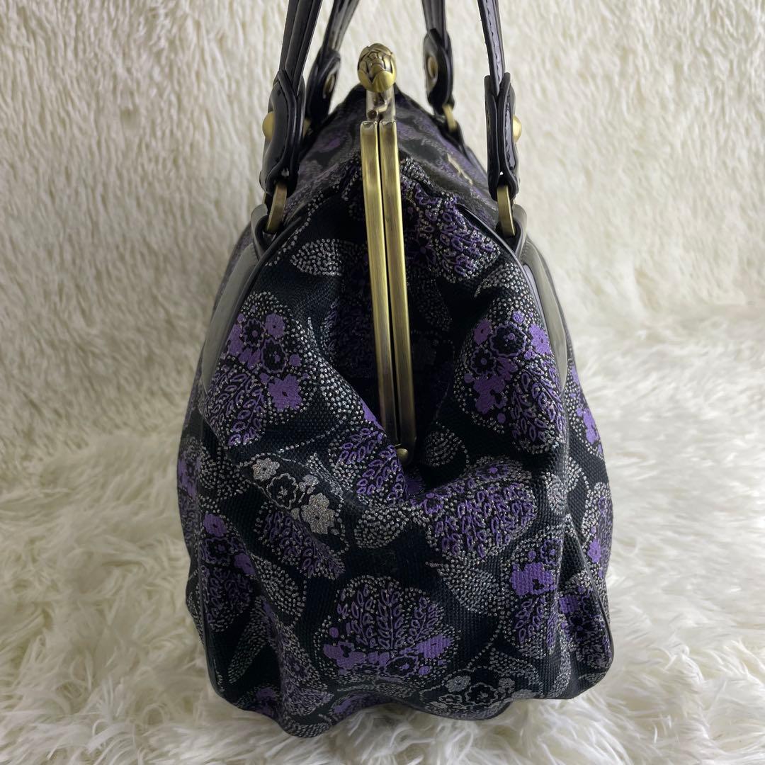 美品 ANNA SUI アナスイ ハンドバッグ がま口 花柄 紫 黒 保存袋付