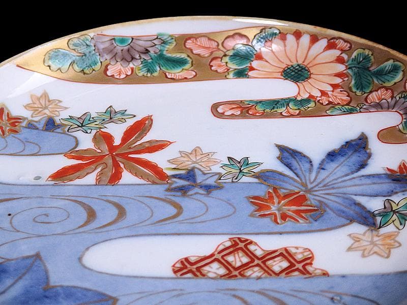 古伊万里　金襴手　竜田川に紅葉の図　５寸皿　C105AS-CZb