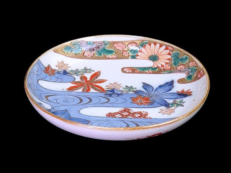 古伊万里　金襴手　竜田川に紅葉の図　５寸皿　C105AS-CZb