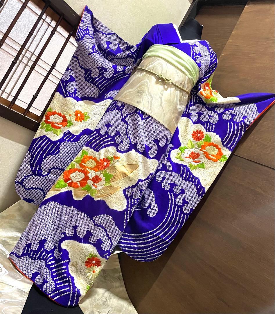 振袖 フルセット6点サイズS〜M駒刺繍　絞り　立波舟草花文　金彩　正絹