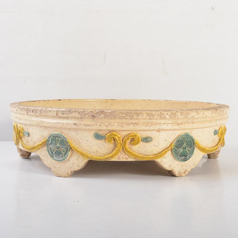 讃岐源内焼　三彩　陽刻唐草文　水盤　直径約32cm　V　R6773