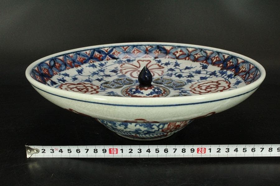 中国美術 赤絵青花 纏枝蓮花紋 壷盤 φ30.5cm(LC178)