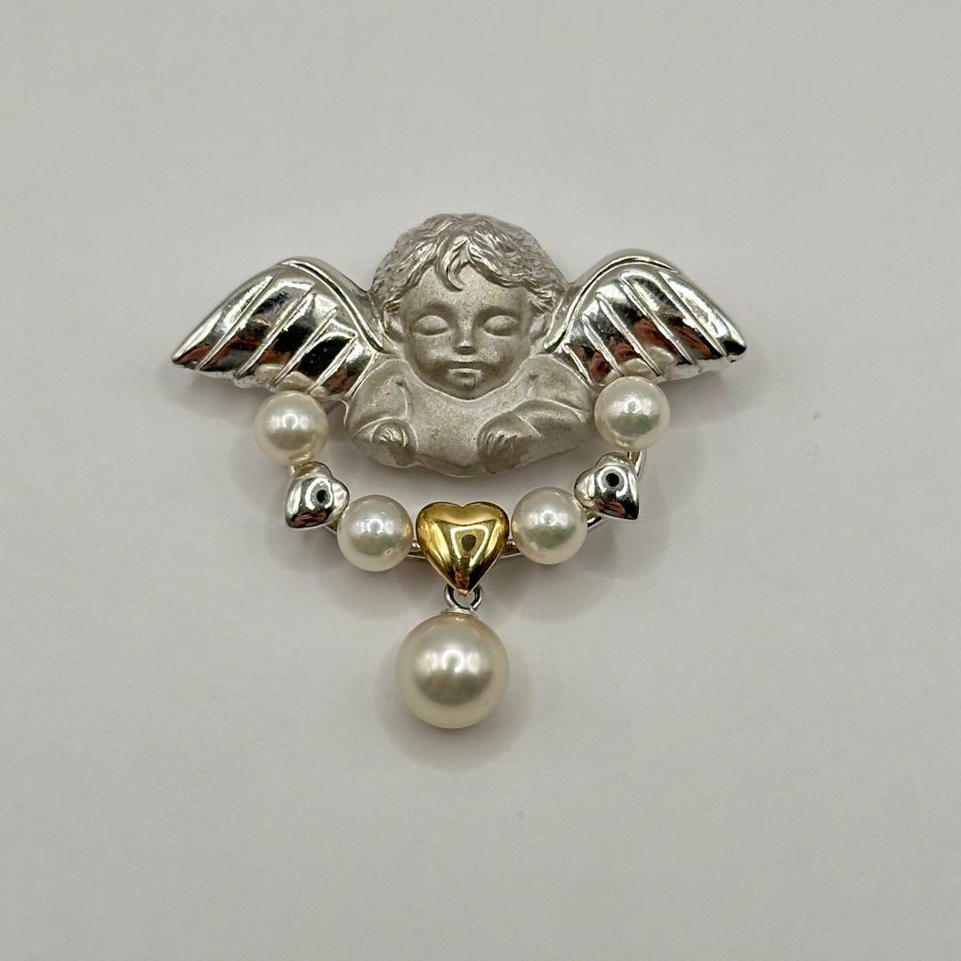 【美品】ブローチ トップK18 SILVER コンビ エンジェル 本真珠