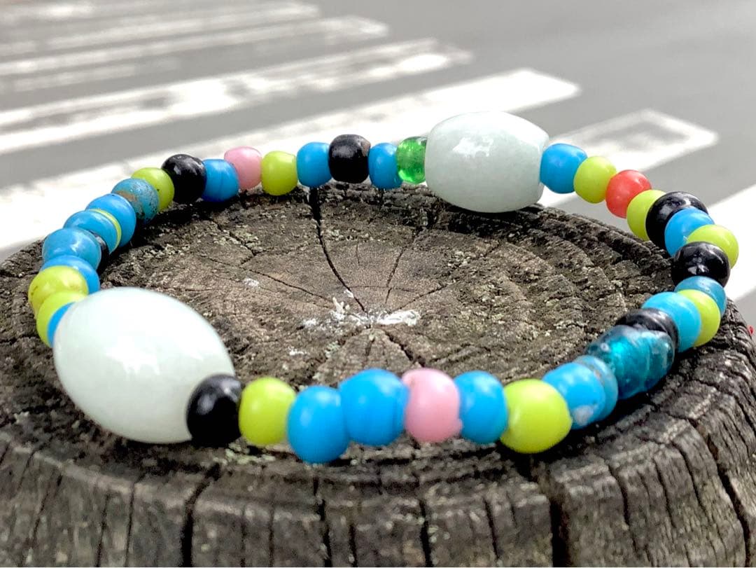 蔵出‼️ガラス玉　日本製超アンティークとんぼ&糸魚川翡翠樽型ブレスレット小物パーツ