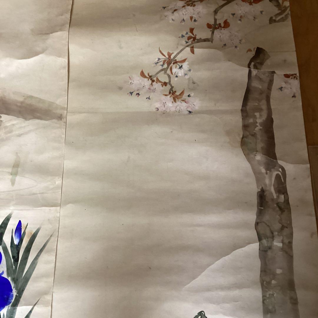 酒井抱一　紙本　捲り三幅　【桜に草花図、芥子の花、菖蒲図】落款印譜　模写108