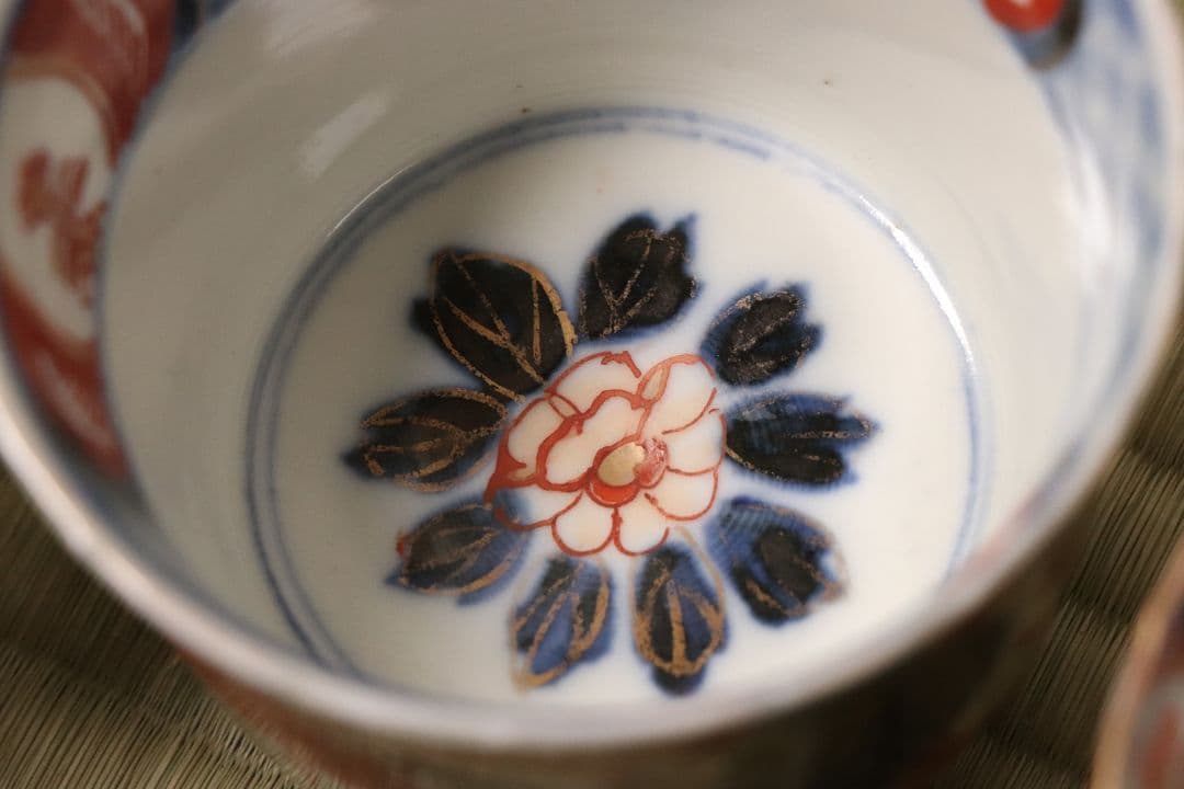 【CM57】古伊万里 色絵 小鉢 向付 五客 蕎麦猪口 草花 青海波 丸文 錦手