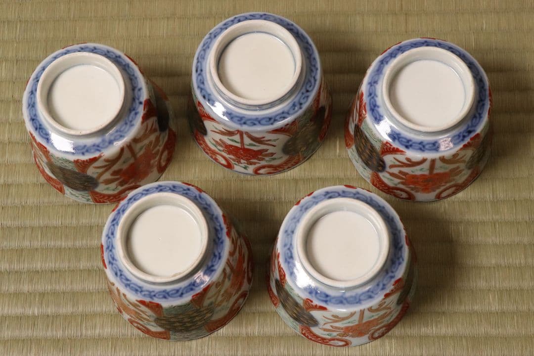 【CM57】古伊万里 色絵 小鉢 向付 五客 蕎麦猪口 草花 青海波 丸文 錦手